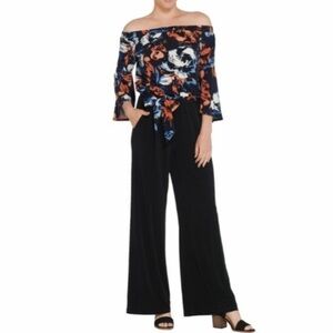 Susan Graver Women 2X Floral Liquid Knit Belted Off The Shoulder Jumpsuit